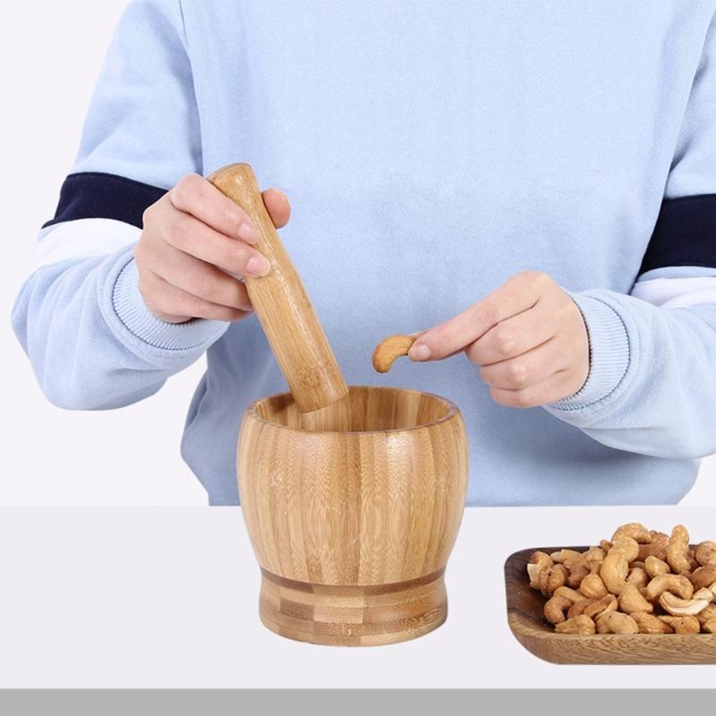 Bamboo Mortars and Pestle Set with Lid Pepper Garlic Spices Grinder Press Crusher Masher Kitchen Tool Grinding Bowl