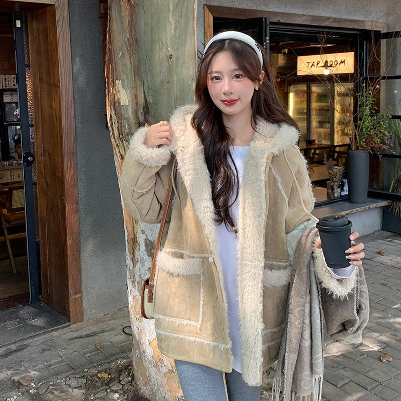 Winter New Hooded Fur Integrated Suede Jacket Imitation Lamb Wool Casual Thin Coat