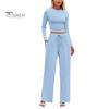 2 Pcs/Set Women Top Pants Suit Round Neck Long Sleeves Slim Fit Top High Waist Drawstring Wide Leg Trousers Tracksuit Casual Daily Wear Outfit