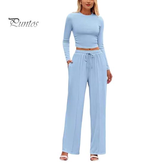 2 Pcs/Set Women Top Pants Suit Round Neck Long Sleeves Slim Fit Top High Waist Drawstring Wide Leg Trousers Tracksuit Casual Daily Wear Outfit