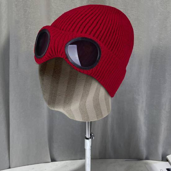 Knitted Hat Glasses Decor Stretchy Soft Plush Lining Casual Ears Protection Solid Color Autumn Winter Women Men Skull Beanie Cap Streetwear