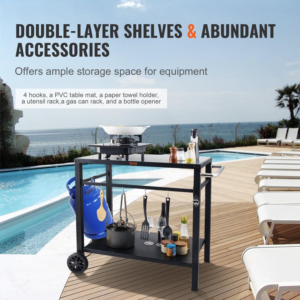 Outdoor Grill Dining Cart with Double-Shelf, BBQ Movable Food Prep Table, Multifunctional Iron Table Top, Portable Modular Carts for Pizza Oven,