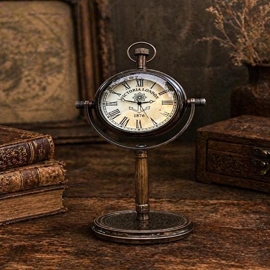 Antique Brass Pocket Watch Desk Clock  Roman Numeral Table Decor