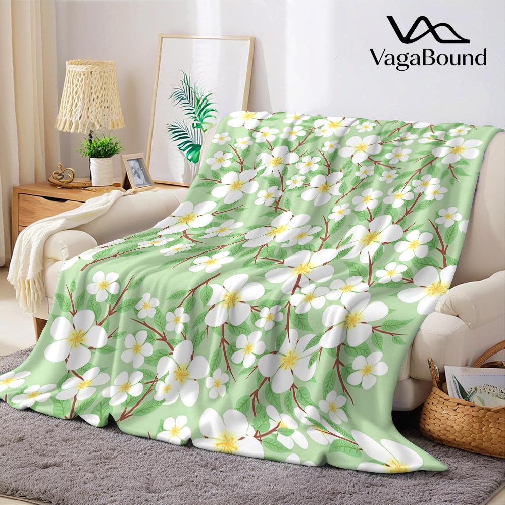 Pale Green Blossom Twig Flannel Blanket Warm Soft Halloween Christmas Couch Warm Cozy Decorative Decor Gift for All Season
