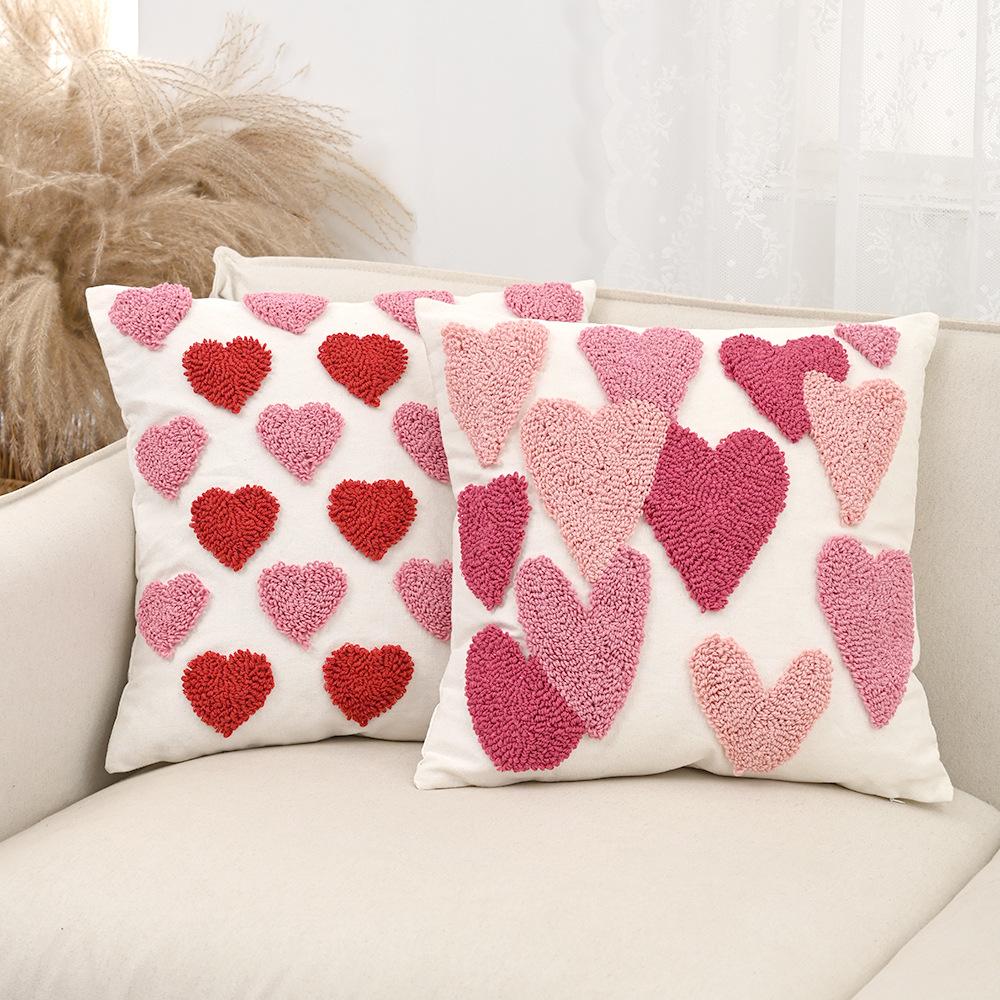 Embroidered Love Cute Sofa Pillowcase Valentine's Day Tufted Velvet Cotton Pillow Cover Letter Pink Throw Cushion Covers 45x45