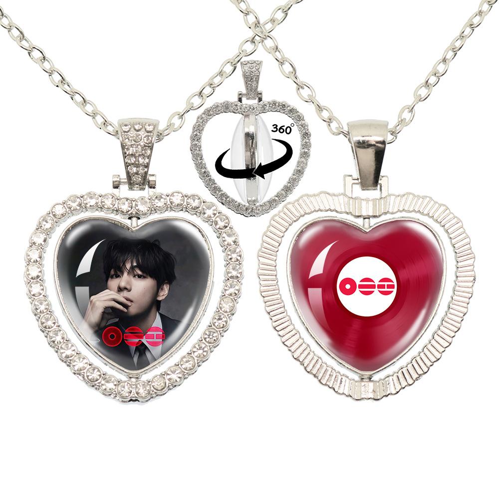 BTS Doppelseitige 360° drehbare Herz Halskette, Bangtan Boys Gruppe & Mitgliedsfoto Anhänger, Kpop ARMY Fans Schmuck Geschenk
