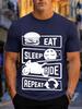 2026 New Arrival 100 Cotton Tshirt Eat Sleep Ride Repeat Motorcycle Burger Biker Slogan Print Crew Neck Casual Tee