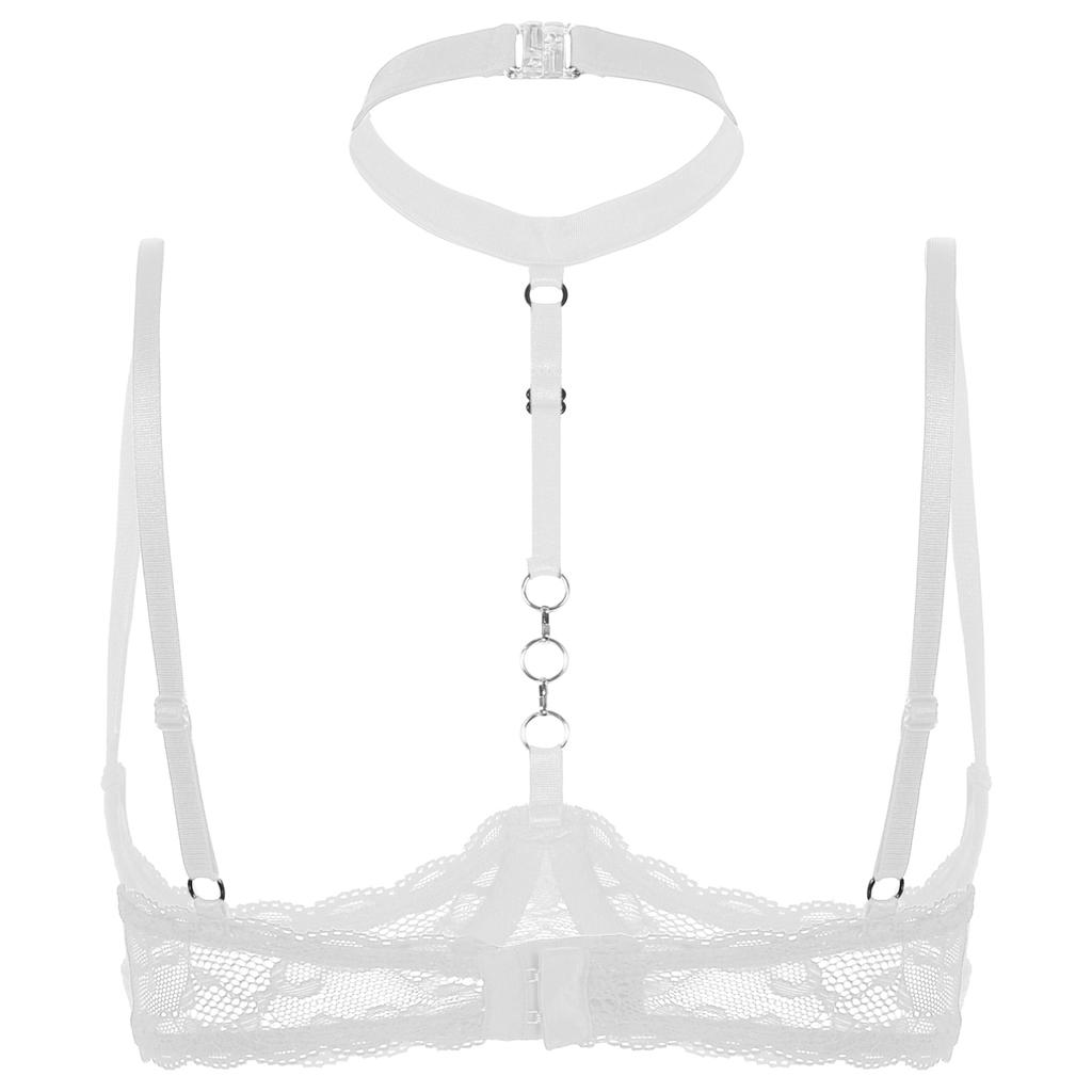 Women's Sexy Mesh Sheer Lace Unlined Bra Halter Neck Shelf Bra Push Up Brassiere Lingerie