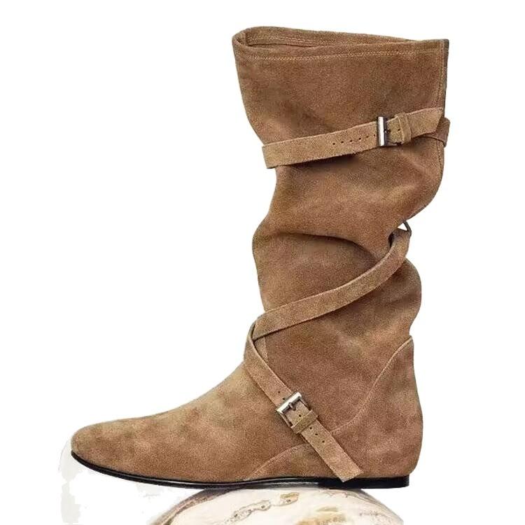 Soft Leather Version~ Height Increase 6cm Soft Leather Round Head Thin Medium Boots Women's Autumn and Winter New Soft Pleated Long Tube Stacking Boot