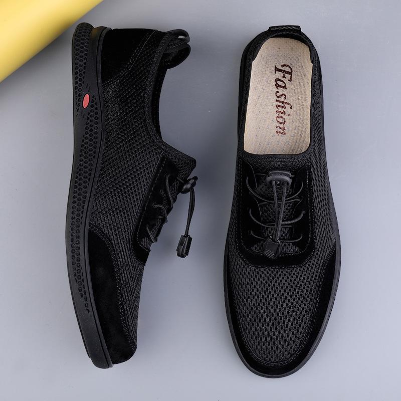 

Men s shoes 2025 summer new youth flat-bottomed mesh low-top hollow leather shoes breathable mesh lazy casual shoes 38 чёрный