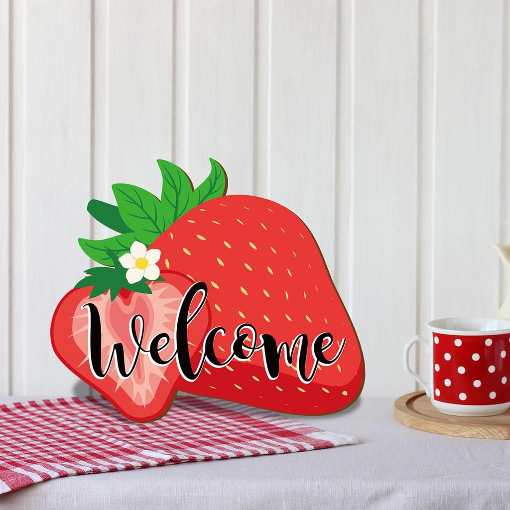 Whaline Strawberry Wooden Hanging Welcome Door Sign Summer Fruit Theme Wall Plague Seasonal Front Door Hook Sign Decoration Housewarming Gift Indoor