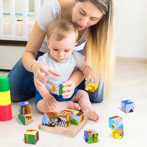 Klocki Drewniane Puzzle Układanka Zwierzęta 6W1 Zoo 9 Elementów Dzieci