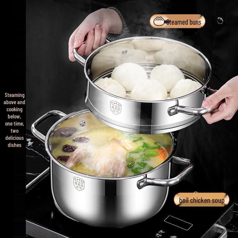 2025 Three-Layer 316 Stainless Steel Steamer & Soup Pot for Induction & Gas Stoves