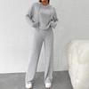 Casual Gray Ribbed Knitted Two-Piece Set with Hooded Sweatshirt and Loose Pants for Autumn/Winter