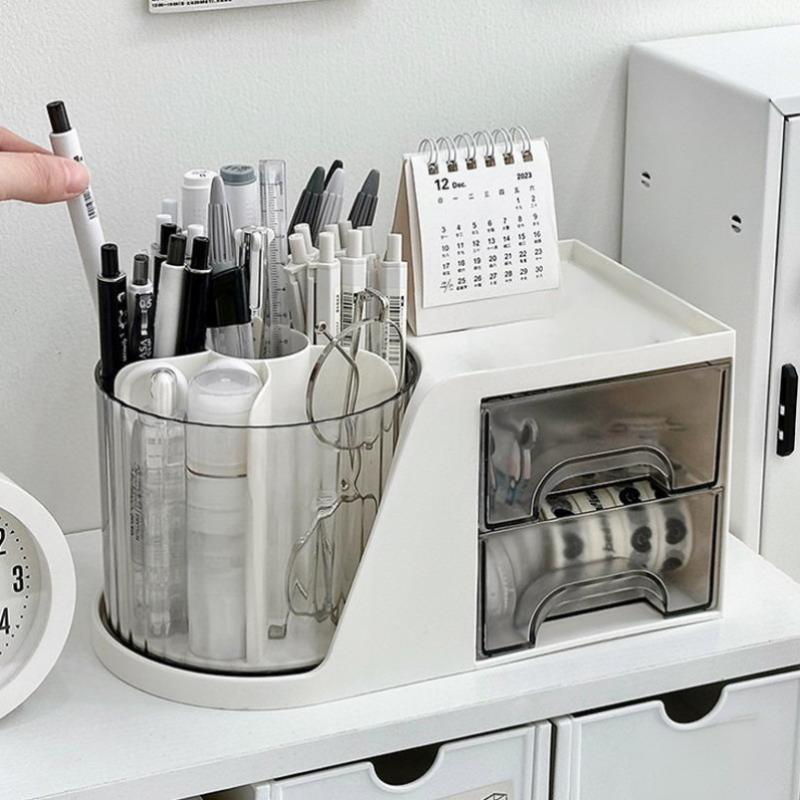 2-In-1 Rotating Pen Holder Rotating Desktop Organizer Storage Box With Drawer Plastic Pen Holder Cosmetic Storage Box