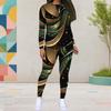 Women Plus Size Printed Round Neck Long Sleeve Top And Fitted Pants Two Piece Set