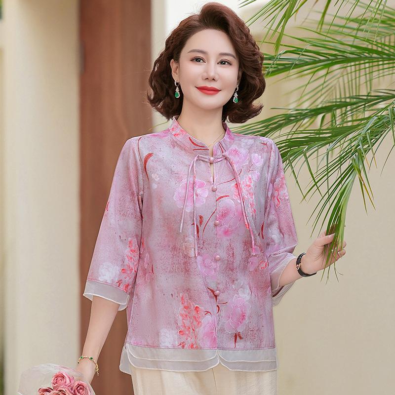 

Mom s Stylish Mid-Sleeve Summer T-Shirt – Fashionable Print, New Chinese National Style for Mid-Aged Women 4XL (133-143 lbs) красный