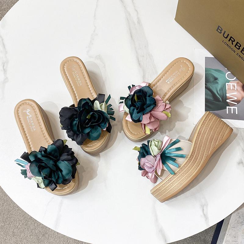 Mode Aphixta Rosa Blau Neue 9cm Hohe Keilabsätze Applikationen Blumen Plateau Pantoletten Damen Sommer Draußenschuhe