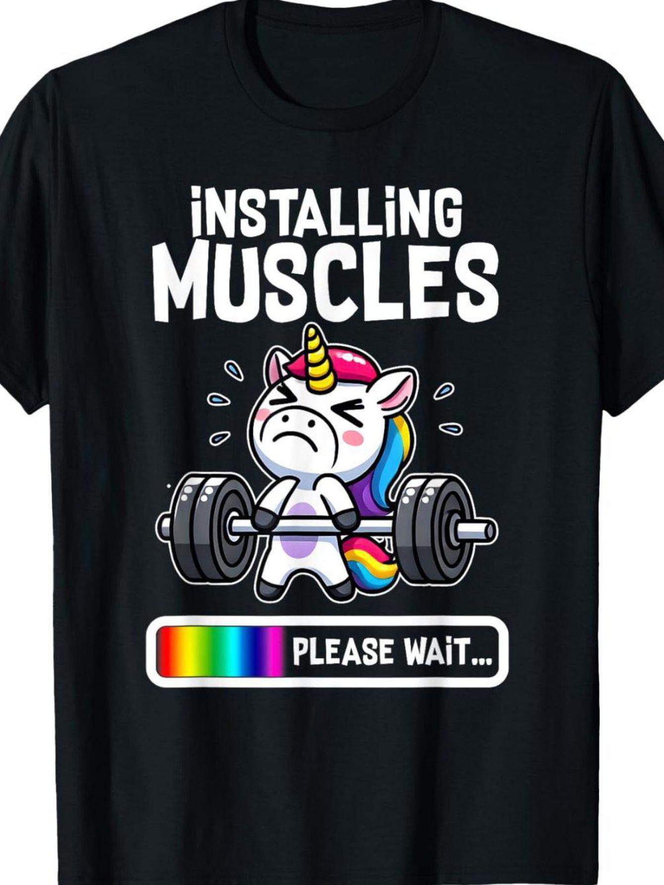 Funny Unicorn Installing Muscles Graphic T-Shirt | Rainbow Weightlifting Design XXL