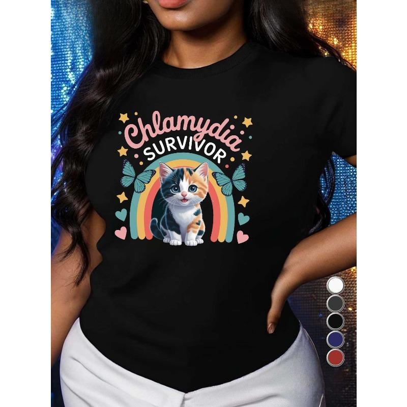 

European sizes Women s Chlamydia Survivor Rainbow Kitten T-Shirt Comfort Fit Short Sleeve Top with Rainbow Lettering & Survivor Design 4XL