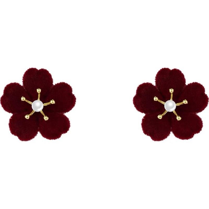 Stylish Sweet and Cute Stud Earrings Red Flower Simple Earrings Niche Design Longxin Earrings Women