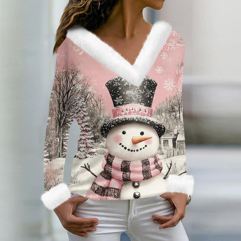 Women's T Shirt Tee Christmas Shirt Long Sleeve Party Christmas Print Fleece Collar V Neck Top