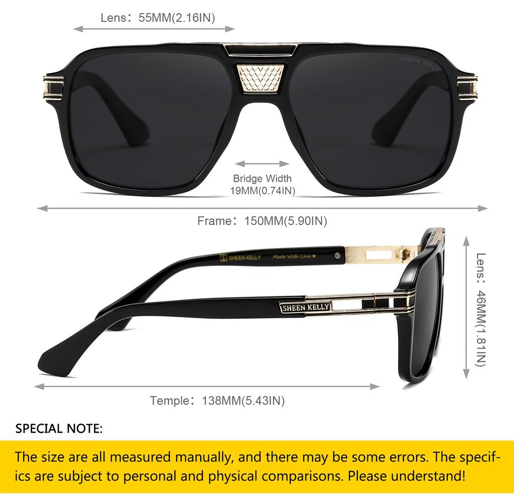 SHEEN KELLY Polarized Vintage Sunglasses (Square Flat-Top / Metal Accents / 55 Size)