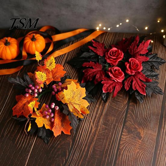 Reusable Plastic Props Halloween Floral Candle Ring, Artificial Maple Rose Wreath for Festive Atmosphere Decorations Holder, Spooky Table Centerpiece