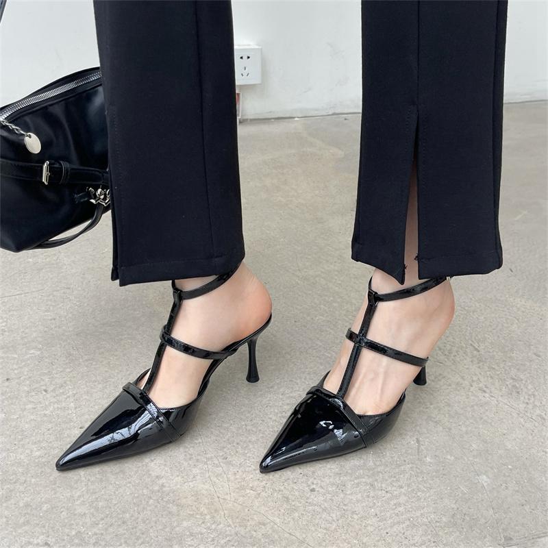 

Fashion SUOJIALUN 2025 Spring New Pointed Toe Women Sandal Fashion Ankle Starp Thin High Heel Ladies Elegant Pumps Dress Slingback Shoes 35 чёрный