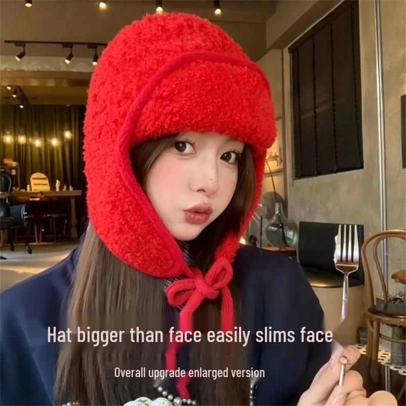 Korean Teddy Fleece Earmuff Hat for Women - Winter Warm Knit Cap, Slim Face, Versatile Wool Hat
