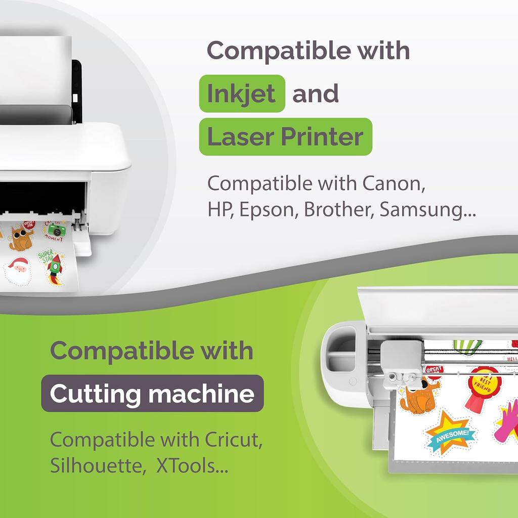 Premium Printable Vinyl Sticker Paper for Inkjet Printer - 34 Sheets Self-Adhesive Sheets Matte White Waterproof, Dries Quickly Vivid Colors, Holds