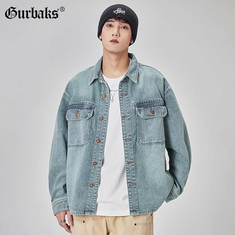 GURBAKS Herren Hellblaue Denim Hemdjacke - Trendige Workwear mit lockerer Passform für Frühling und Herbst