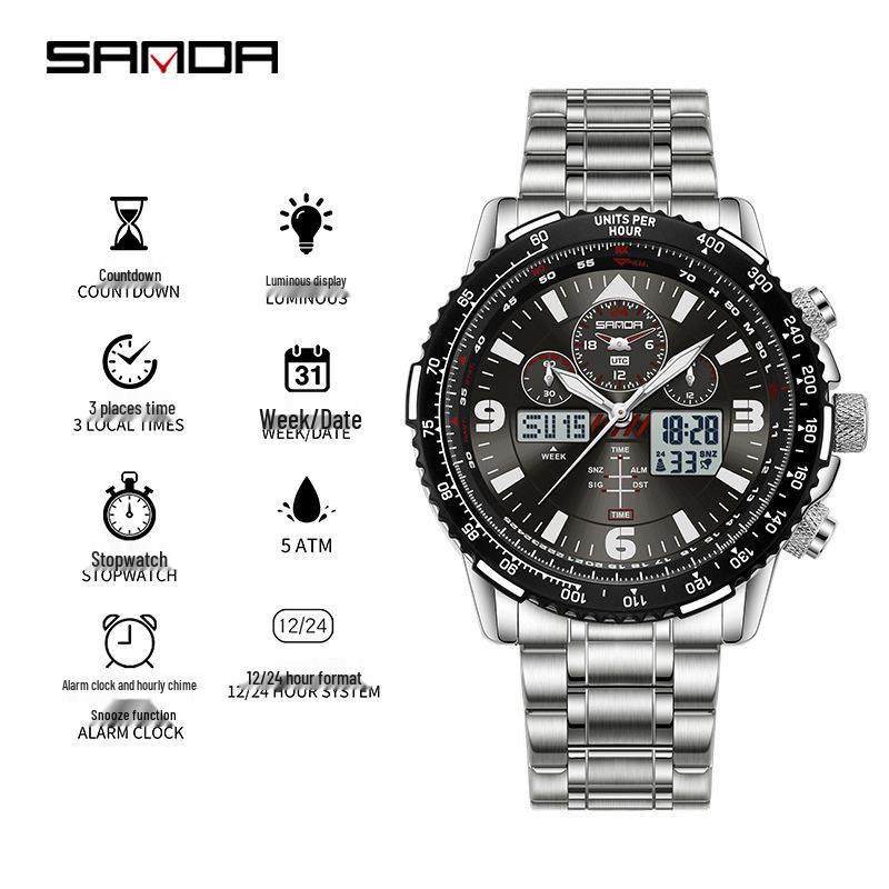 Orologio da polso da uomo Sanda a doppio movimento con display a tre finestre, multifunzioni, cinturino in pelle e acciaio e funzione impermeabile.