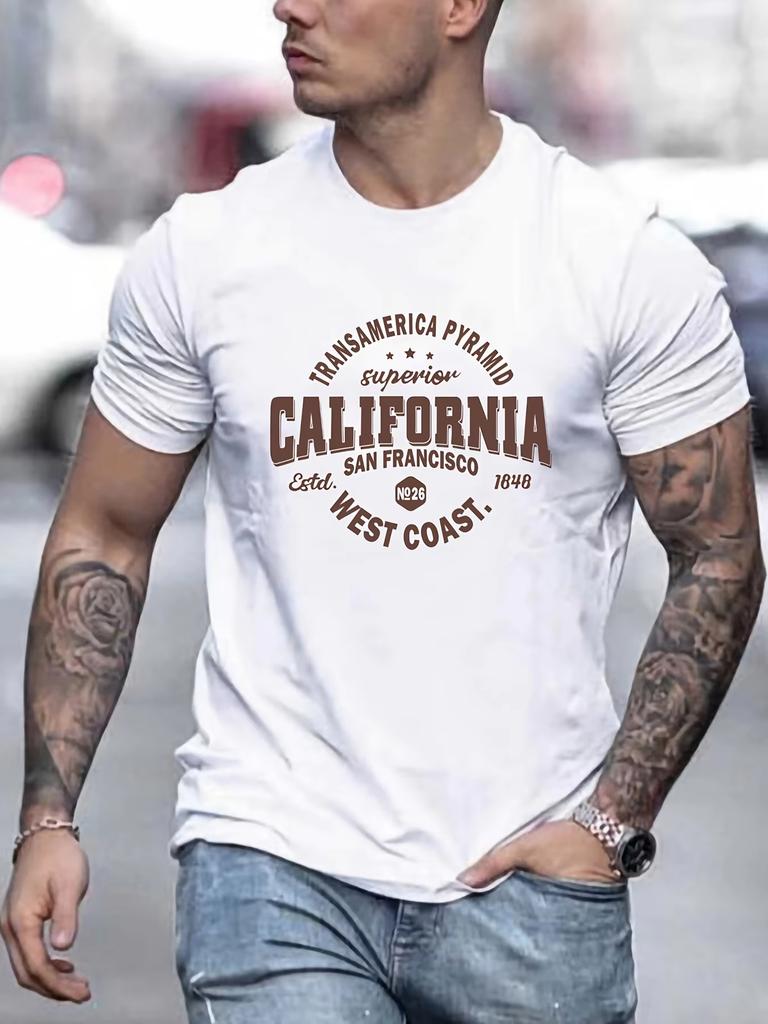 Summer Men's Pure Cotton Casual Sports Loose California West Coast Printed Round Neck Short Sleeved Street Outdoor T-shirt