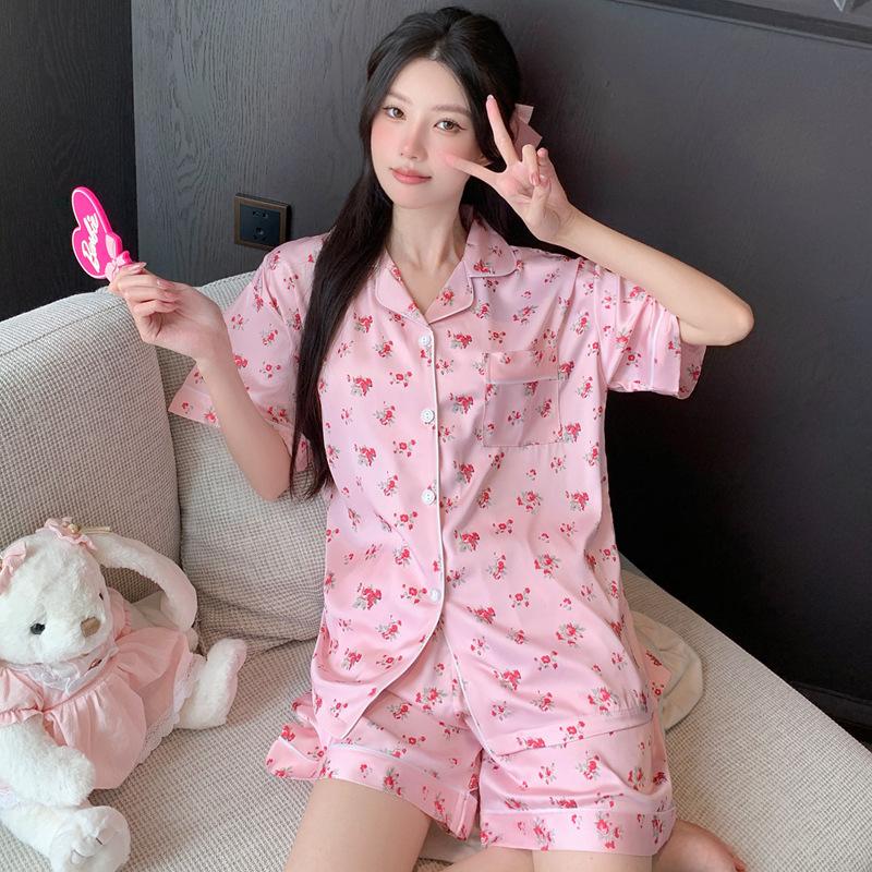 Summer Ice Silk Pajamas Women'S Cool Short-Sleeved Pastoral Small Floral Sweet Thin Loungewear Set