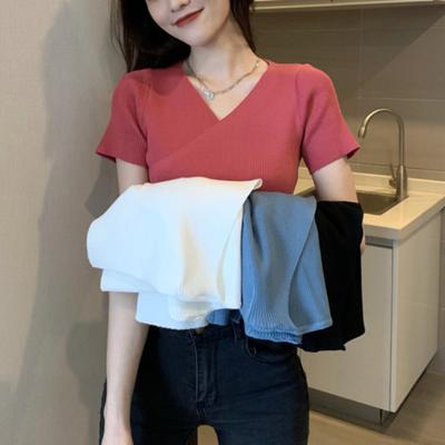High Waist Knitted Short Sleeve T-shirt Women Slim Design Summer New Retro Cross Short Clothes