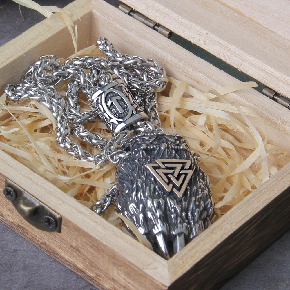Nordic Viking Bear Claw Valknut Necklace Stainless Steel Pendant with Wooden Box Mens Gift Vintage Jewelry