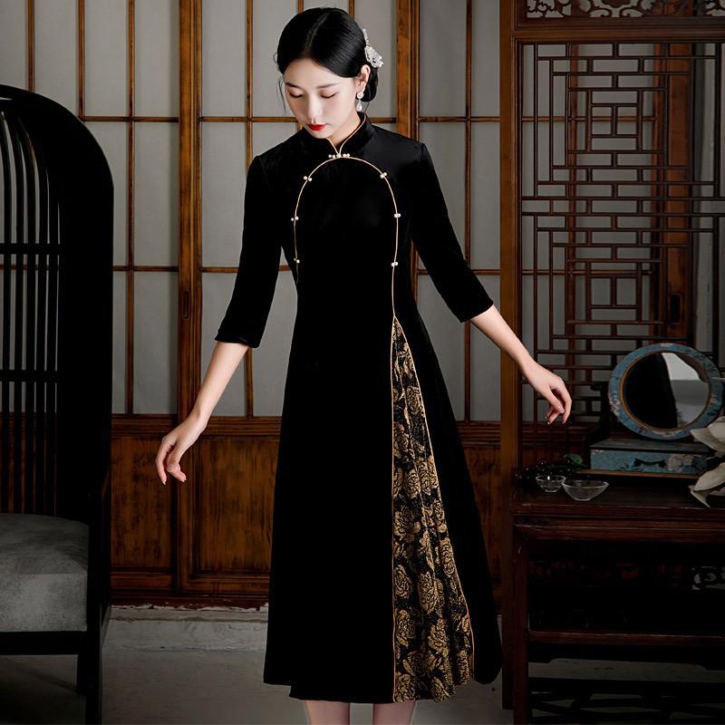Black Velvet Long Sleeve Qipao Dress Womens Retro Chic Mandarin Collar Midi Gown Winter Medium