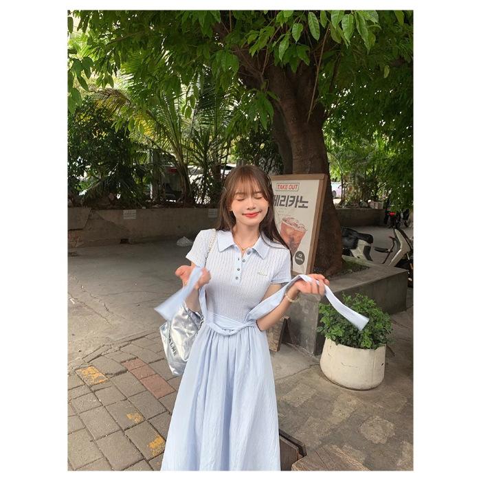 

Cake cutting *** Small woman summer temperament design sense beautiful dress blue generous short-sleeved skirt S