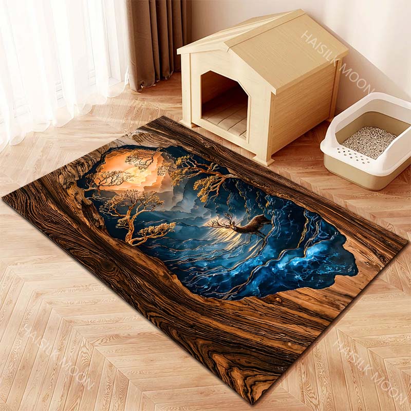 Multiple sizes Hollow tree stag blue river moonlight Print Carpet for Living Room Bedroom Sofa Home Decor Non-slip Mat Gift