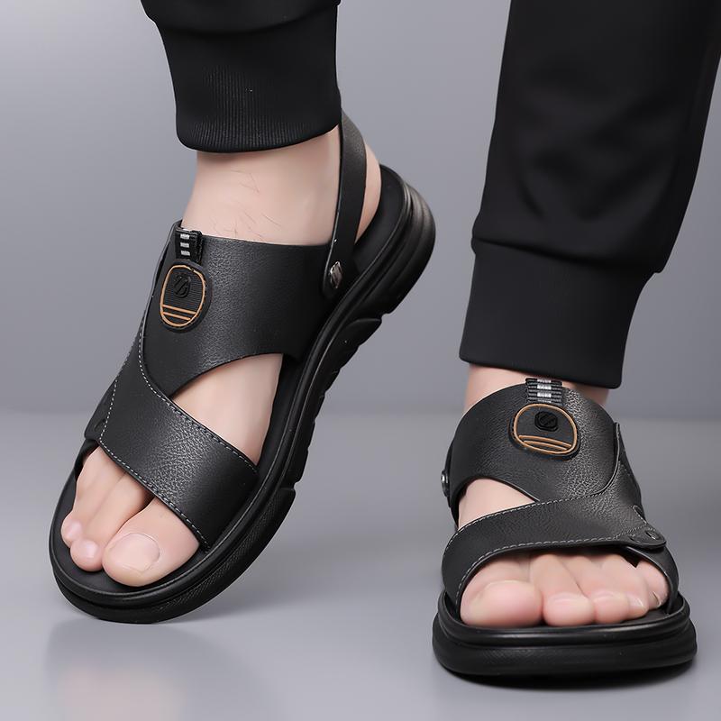 Sandals Men's New Beach Shoes Cowhide Slippers Outdoor Non-slip Thick-soled Leather Sandals for Man Non-slip Cover Toe Fashion C
