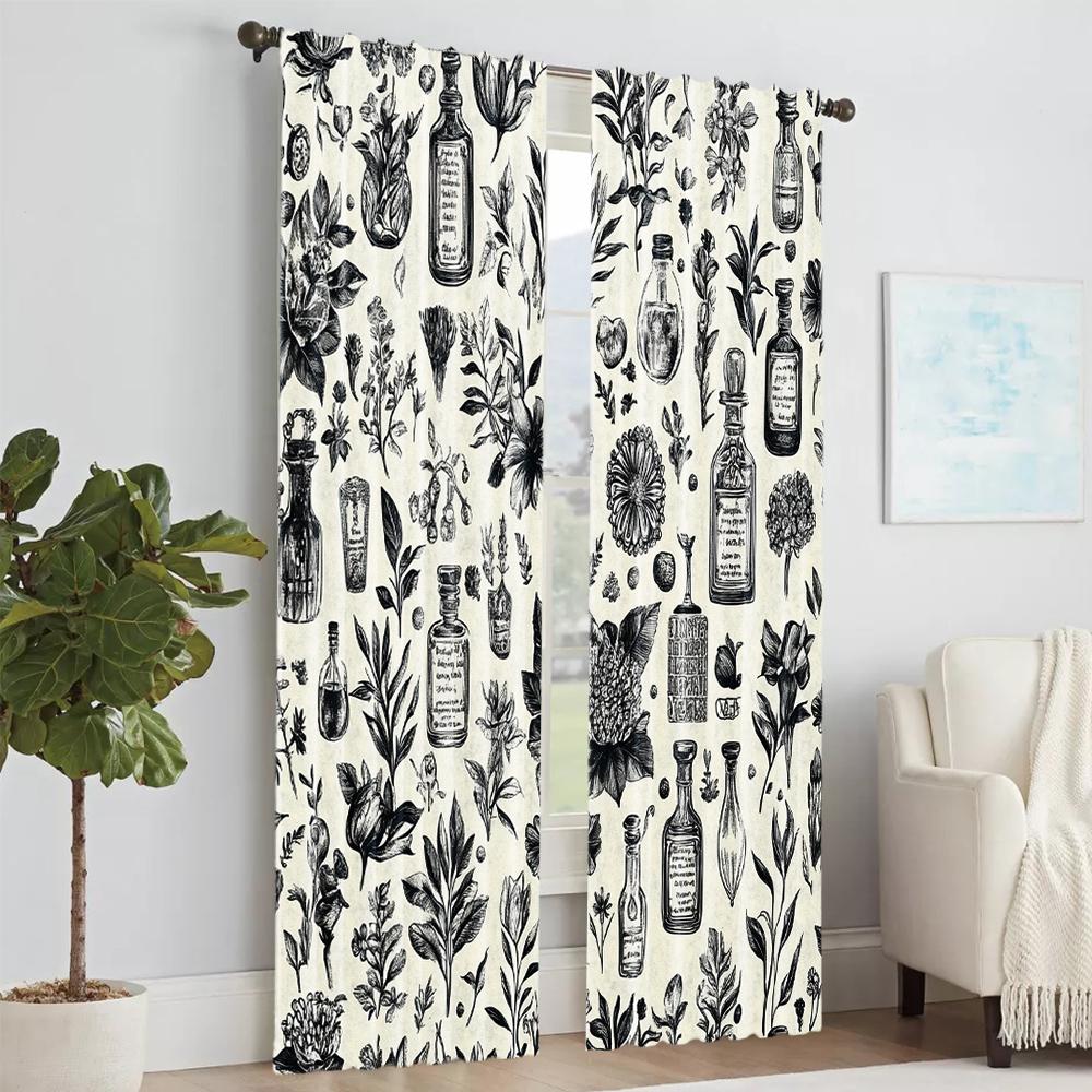2 Pcs, Versatile Polyester Transparent Curtains for Home Decoration Black and White Floral Pattern for Use In Bedrooms and
