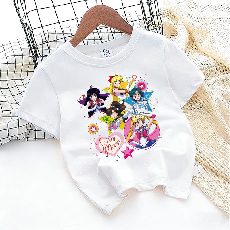 SailorsMoon Anime Girl's T-shirt Cotton Clothes Cute Cartoon Printed Toddler Sweatshirt Casual Short Sleeve Kids Game Trend Tops