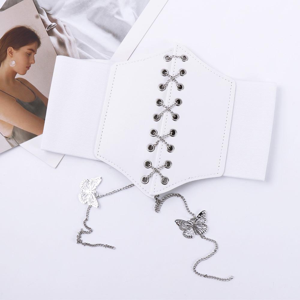 Female Korean Dress PU Leather High Waist Cummerbunds Waist Belt Female Waistband Butterfly Chain