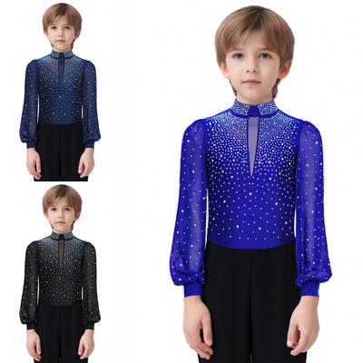 Boys Long Sleeve Mock Neck Rhinestones Adorned Press Button Crotch Back Zipper Leotard Figure Skating Dance Bodysuit