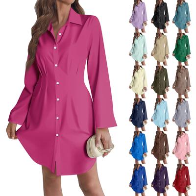 Women's Loose-fitting V-neck Long-sleeved Dress, Solid-color Work Shirt Dress
