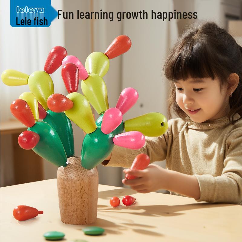 

Wooden Cactus Interlocking Building Blocks Montessori Puzzle Toy for Kids