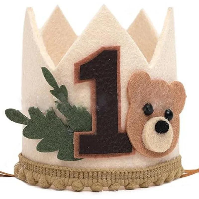 

Cartoon Bear One Year Old Crown Baby Jungle Safari 1st Birthday Pink Brown Bear Crown Boy Girl First Birthday Party Decor Hat