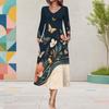 Women Plus Size Long Sleeve V Neck Butterfly Printed A Line Midi Dress With Pockets
