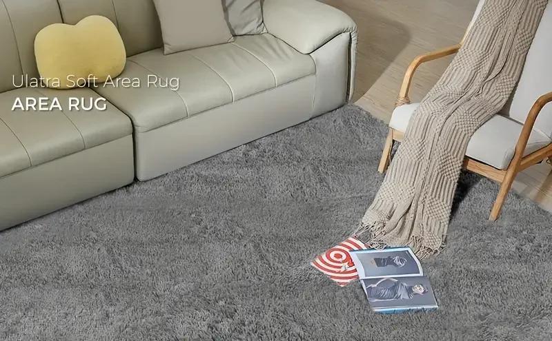 Ultra Soft Fluffy Shag Area Rug, Solid Color Polyester Carpet, Non-Slip Rubber Backing, Machine Made, Stain Resistant, For Livin